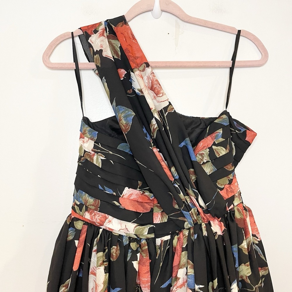 Unique Vintage Black Floral One Shoulder Dress M Retro Rockabilly Party Full - Picture 5 of 7